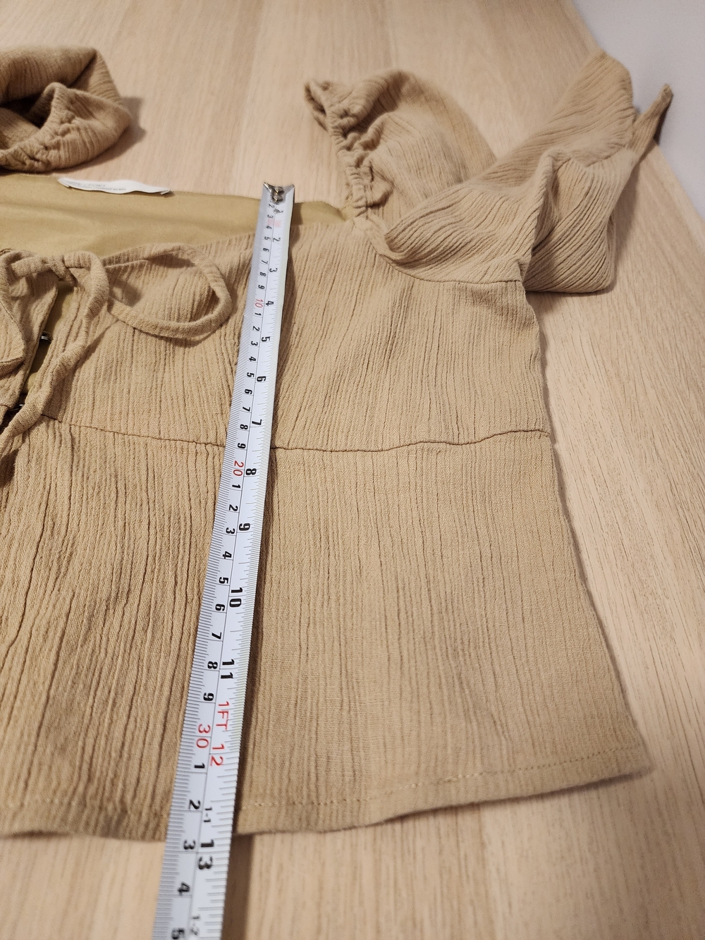 Oak + Fort Beige Babydoll Tie-Front Crop Blouse Puff Sleeve Size L Romantic - Picture 13 of 15